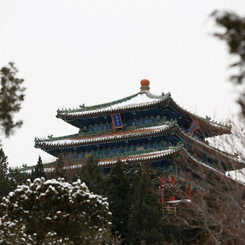 Jingshan Park pavilion in snow, Beijing