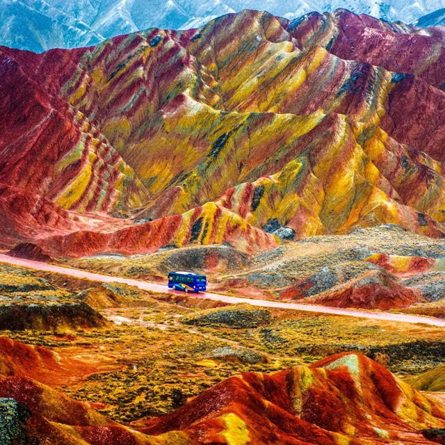 Rainbow Mountains at golden hour